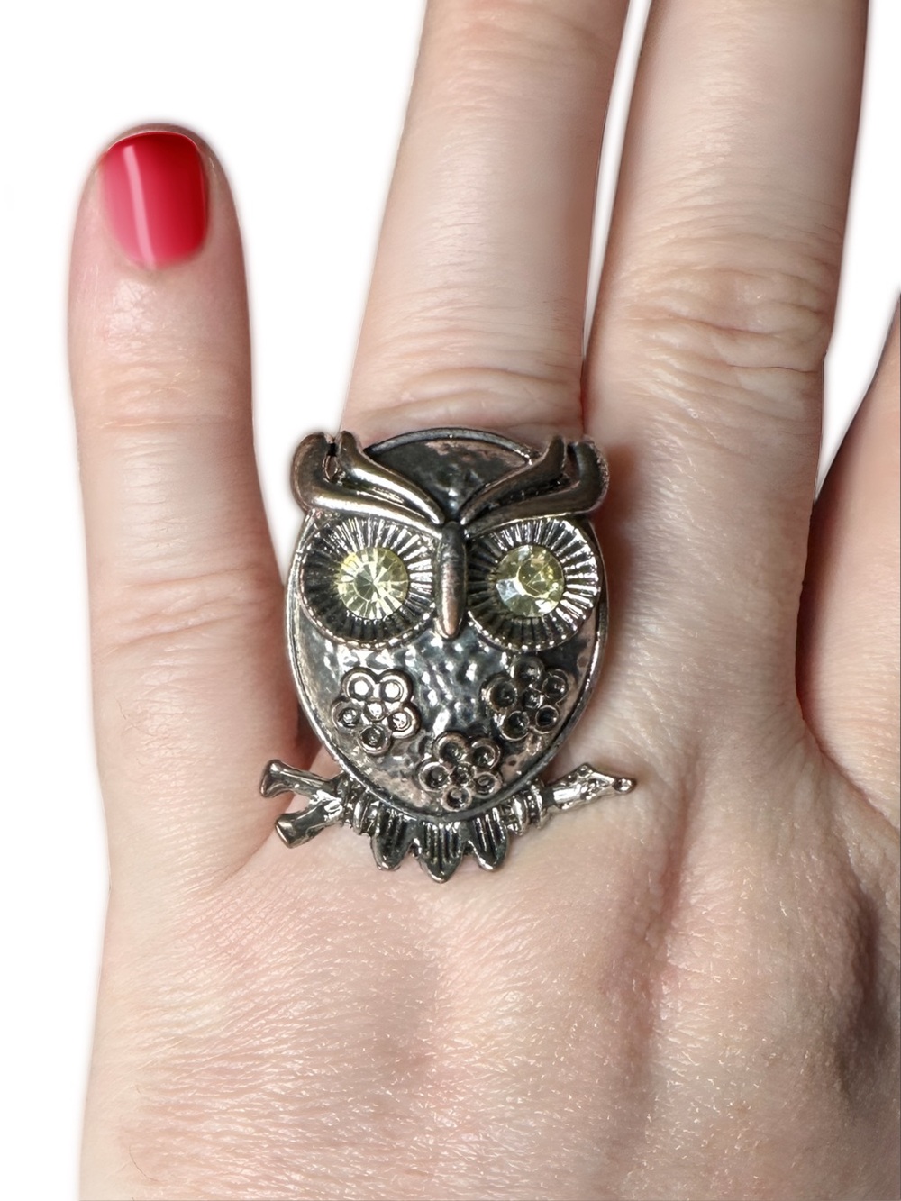 Owl Statement Ring - Silver with Yellow Crystal Eyes